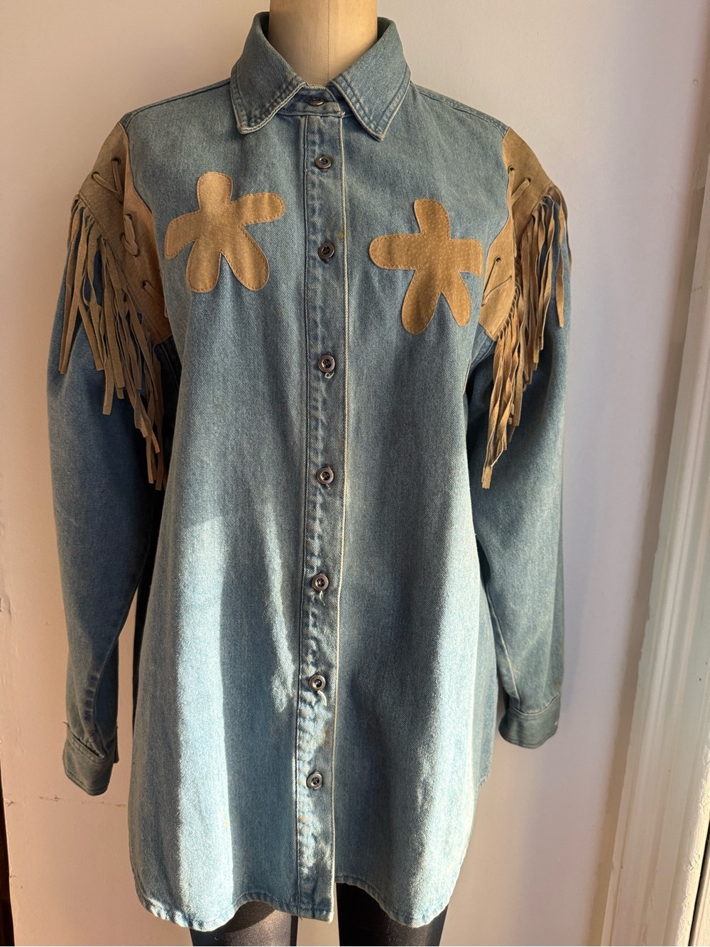 Vintage 1980s Western Fringe Denim Shirt Jacket – Medium